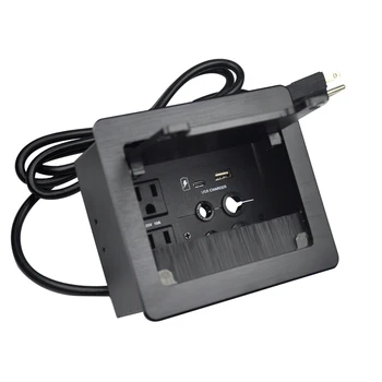 Настольная щетка, Кабельный отсек с питанием от сети переменного тока, зарядное устройство USB-A, зарядное устройство USB-C, 4 Отверстия для кабелей с 5,58-футовым шнуром питания для конференций (черный)