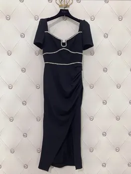 Новая женская одежда на весну и лето 2023, ретро Сексуальное Черное платье с Квадратным воротником и разрезом без спинки, вечернее платье 0308