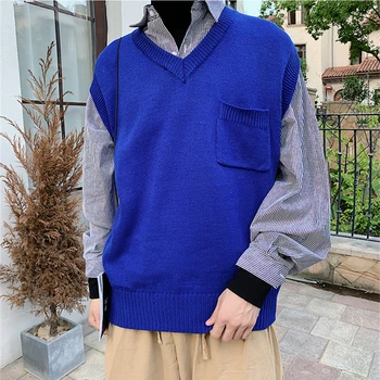 Новая Мужская одежда, свитер, мужская куртка ins в корейском стиле с v-образным вырезом, однотонный повседневный студенческий Синий карман, Свободный свитер без рукавов, жилет для мужчин