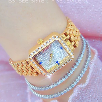 Новые Женские часы BS, золотые женские кварцевые часы, Модное простое маленькое квадратное платье со стразами, золотые женские наручные часы, Бесплатная доставка