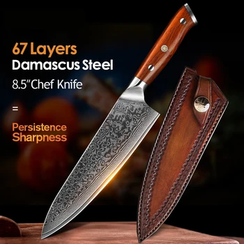 Ножи шеф-повара Высокоуглеродистый Китайский VG10 67-слойный Дамасский Кухонный нож из нержавеющей стали Gyuto Knife Ручка из розового дерева