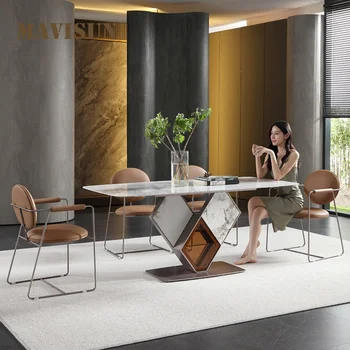 Обеденный стол из светлого шифера, Прямоугольный стол и стул В сочетании с минималистичной мебелью из коричневого стекла для гостиничного ресторана