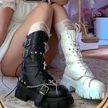 Обувь для девочек, ботинки на платформе с перекрестной цепочкой в стиле панк и ремешком с пряжкой, модные женские ботинки на массивном каблуке в готическом стиле с заклепками, удобная шнуровка