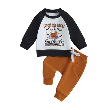 Одежда для маленьких мальчиков на Хэллоуин, толстовка с длинными рукавами и эластичными штанами с буквенным принтом 
