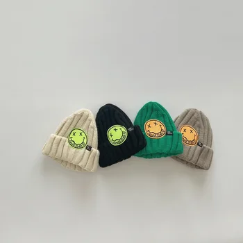 Осенне-зимние вязаные шапки для мальчиков и девочек, милые детские шапочки с рисунком смайлика, мягкие теплые детские шапочки