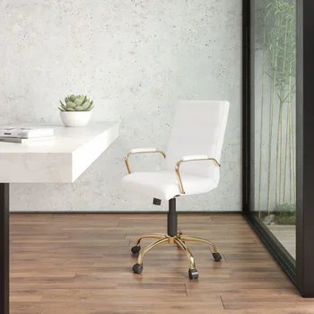 Офисное кресло для руководителя со средней спинкой из белой мягкой кожи, вращающееся на шарнирах, с золотой рамой и подлокотниками