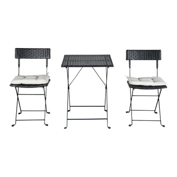 Патио Черный Плетеный Складной Набор для Бистро из полиэтилена, Один стол С двумя стульями и двумя бежевыми подушками, Уличный набор мебели для патио