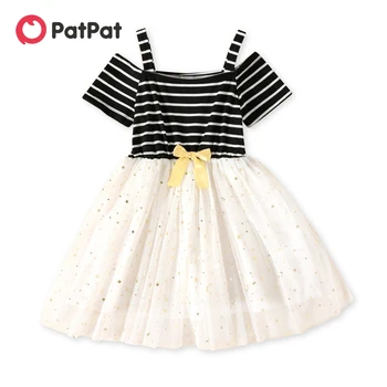 Платье PatPat для маленьких девочек в полоску с открытыми плечами, бантом, звездным блеском, Сетчатое платье с коротким рукавом и ремешком