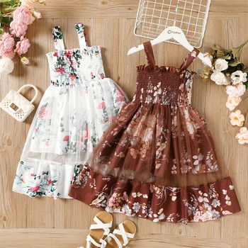 Платье-комбинация PatPat для маленьких девочек с цветочным принтом и сетчатым верхом