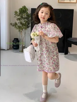 Платье Чонсам в китайском стиле для девочек, лето 2023, Новая детская юбка в цветочек, юбка принцессы для девочек
