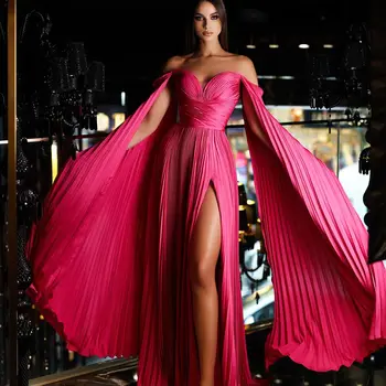 Платья для выпускного вечера в складку цвета фуксии, Арабское женское макси-платье с высоким разрезом и открытыми плечами, с запахом для торжественных случаев, Vestido De Novia