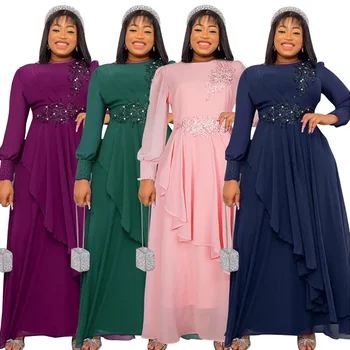 Платья из полиэстера в африканском стиле для женщин, Летнее Элегантное африканское длинное платье с длинным рукавом Розового, зеленого, фиолетового цвета, Африканское свадебное платье
