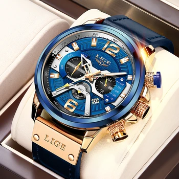 Повседневные спортивные часы LIGE для мужчин, синие, лидирующий бренд, роскошные кожаные наручные часы в стиле Милитари, мужские часы, Модные наручные часы с хронографом