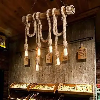 Подвесной светильник из бамбуковой пеньковой веревки в американском стиле в сельском стиле ретро с тремя головками и декоративной лампой на железной цепи с шестью головками