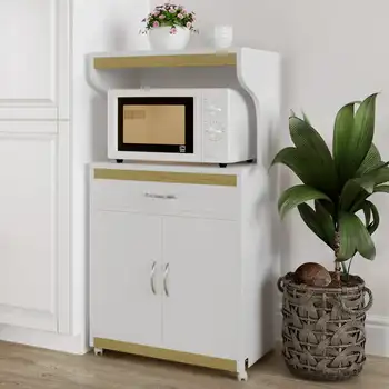 Подставка для хранения – Белый шкаф на колесиках с дверцами, выдвижным ящиком и запирающимися колесиками, белый и дубовый