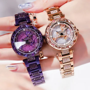 Популярные Часы для бега времени Женские Студенческие Кварцевые часы Женские Часы, украшенные бриллиантами и вращающимися звездами