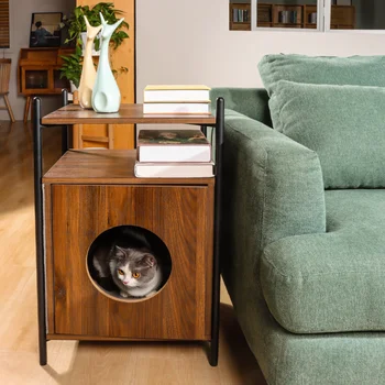 Приставной столик для домашних животных, скрытая комната для кошек с полкой для хранения, для гостиной, коричневый, идеальная устойчивость и высокая степень защиты пола