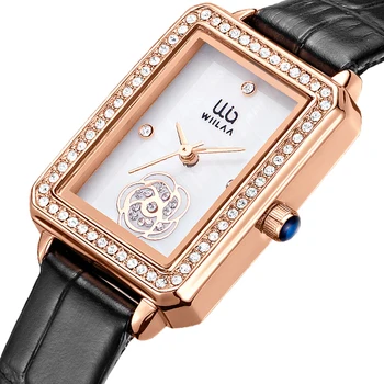 Прямоугольные женские наручные часы с цветочным рисунком из кожи WIILAA, Лучший бренд класса Люкс, женские кварцевые часы для женщин, часы из розового золота с белым циферблатом