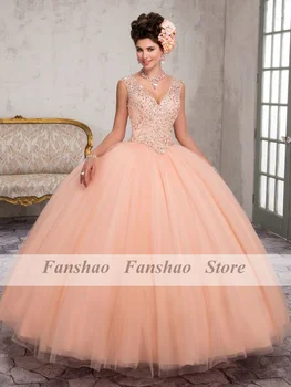 Пышное платье Fanshao wd624, 15 лет, кристаллы, фатиновое бальное платье с V-образным вырезом, Vestidos De 15 Años