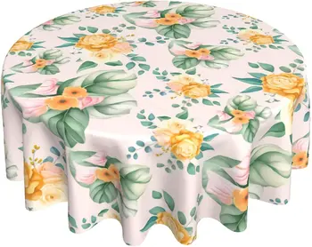 Розово-желтая Круглая скатерть с цветочным рисунком 60 дюймов, абстрактный цветок, зеленые листья, Моющаяся ткань для покрытия стола, устойчивая к появлению морщин и пятен