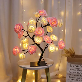 Светодиодная настольная лампа, цветок розы, Дерево, USB ночник для спальни, Украшение детской спальни, подарок, розовая настольная лампа, Рождественское украшение