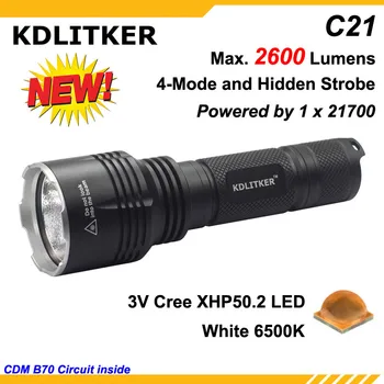 Светодиодный фонарик KDLITKER C21 3V Cree XHP50.2 мощностью 2600 люмен с 5 режимами работы - черный (1x21700)
