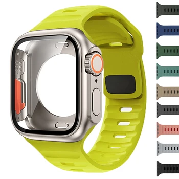 Силиконовый ремешок + чехол для Apple Watch Case 44 мм 45 мм 41 мм 40 мм Защита экрана Заменена на Ultra Для iWatch Series 8 7 SE 6 5 3