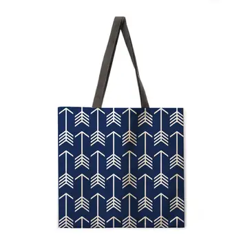 Синяя и белая женская сумка-тоут с геометрическим принтом, повседневная сумка-тоут, сумка через плечо, складная сумка для покупок, уличная пляжная сумка