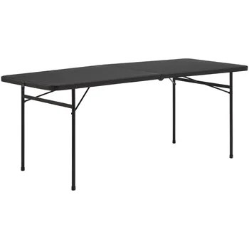 Складной пластиковый стол 6 футов черного цвета, раскладывающийся вдвое, вмещает 8 взрослых, имеет встроенную ручку для переноски в помещении на открытом воздухе