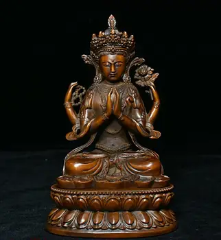 Соберите Вырезанную из китайского Самшита Статую Будды Авалокитешвары гуаньинь с 4 руками