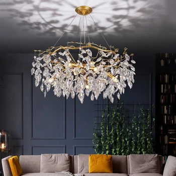 Современная хрустальная светодиодная люстра для гостиной, дизайн листвы, Подвесной блеск Cristal, Роскошные золотые домашние светильники для помещений