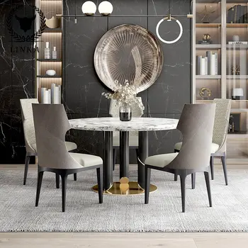 Современный светлый роскошный обеденный стол из натурального мрамора и цельного дерева, простой круглый обеденный стол и комбинация стульев