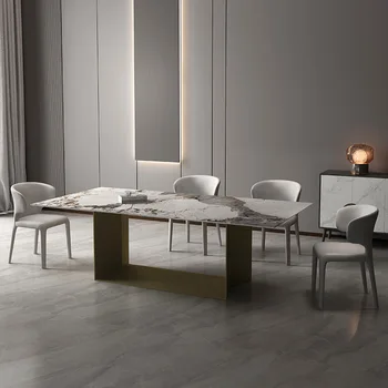 Сочетание обеденного стола и стульев из светлой роскошной каменной плиты прямоугольный современный минималистичный домашний роскошный обеденный стол из камня и мрамора