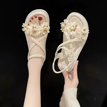 Спортивные сандалии с толстым Дном, Женские Летние модели 2023, Модная обувь с мягким Дном, Плетеный ремешок с цветочным Рисунком, Римская обувь, Сандалии