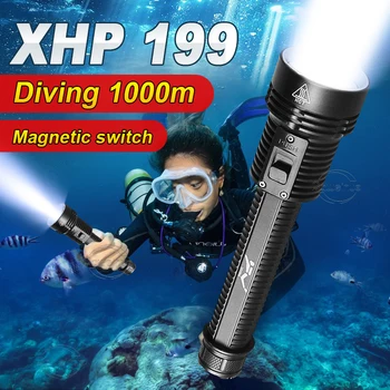 Супер яркий фонарик для дайвинга XHP199 LED IPX8, Водонепроницаемый Профессиональный фонарь для дайвинга, Питание от батареи 18650 С магнитным переключателем
