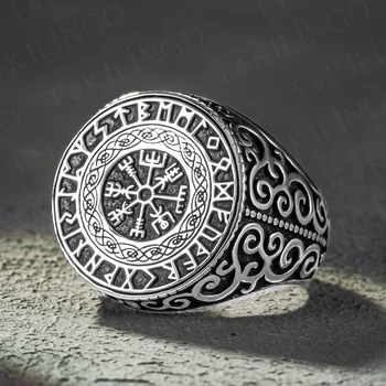 Твердое серебро 925 пробы Vegvisir Компас Печатка Кольцо Скандинавский Викинг Мужское кольцо Ювелирные изделия для мужчин