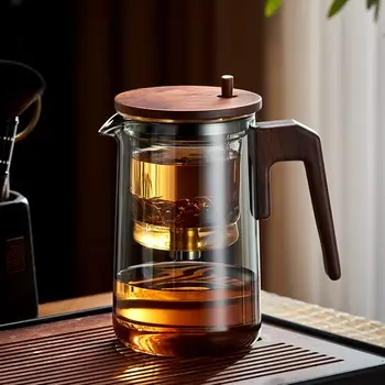 Термостойкий чайник с деревянной ручкой, фильтрующийся одной кнопкой, Прозрачный Стеклянный чайник с ароматизатором, Чайная посуда, идеально подходящая для приготовления чая
