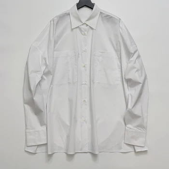 Тонкая работа, блузка из 100% хлопка, белая Свободная рубашка с карманами, женские топы
