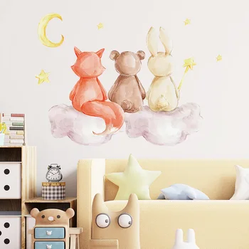 Три милых мультяшных животных, Друзья, Сидящие на облаке, Наклейки на стены Детской Комнаты, наклейки для детской, ПВХ Обои