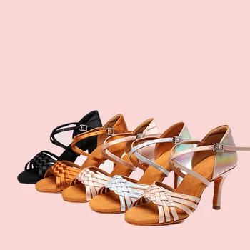 Туфли для Латиноамериканских танцев Для женщин и взрослых, разноцветные атласные туфли для бальных танцев из искусственной кожи, Обувь для танцев Румба Чача, Кроссовки с тесьмой