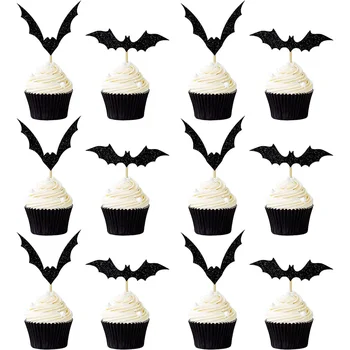 Украшение для кексов с летучей мышью на Хэллоуин - Черное блестящее украшение для торта - Украшение для вечеринки в честь Хэллоуина