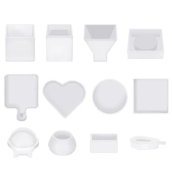 Формы из смолы, силиконовый набор, 12 шт., белый силикагель, включая контейнер для ручек, лоток, любовь, круглый