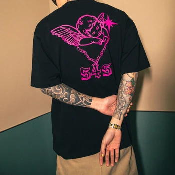 Хлопковая Повседневная футболка с круглым вырезом и короткими рукавами, Мужская Летняя футболка Y2K American Street в стиле Ретро с принтом Ангела, Свободные универсальные Топы в стиле хип-хоп