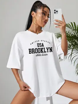 Хлопковая футболка с принтом США Бруклин, Летние футболки, удобные для кожи, Трендовая Свободная футболка в стиле хип-хоп в стиле Харадзюку Для женщин