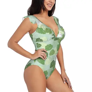 Цельный купальник с оборками, женский, с листьями Монстеры, сексуальный, на шнуровке, Монокини, купальник для девочек, пляжный купальный костюм