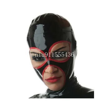 Черный латексный капюшон с красной отделкой, Резиновая маска ручной работы, молния сзади для костюма-кошки, клубная одежда для косплея