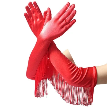 Эластичные шелковые атласные перчатки с длинными кисточками для латиноамериканских танцев на Хэллоуин, Вечерние наряды для оперной сцены, женские варежки