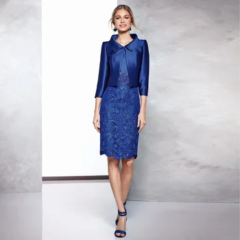 Элегантное вечернее платье-двойка для мамы, облегающее вечернее платье длиной до колен для мамы, Атласное свадебное платье для гостей Королевского синего цвета с рукавом