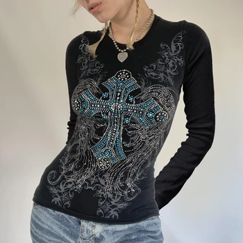 Эстетическая футболка y2k со Стразами, Сказочный Гранж, Топы с перекрестными крыльями, Повседневные футболки с графическим рисунком 2000-х, Уличная одежда